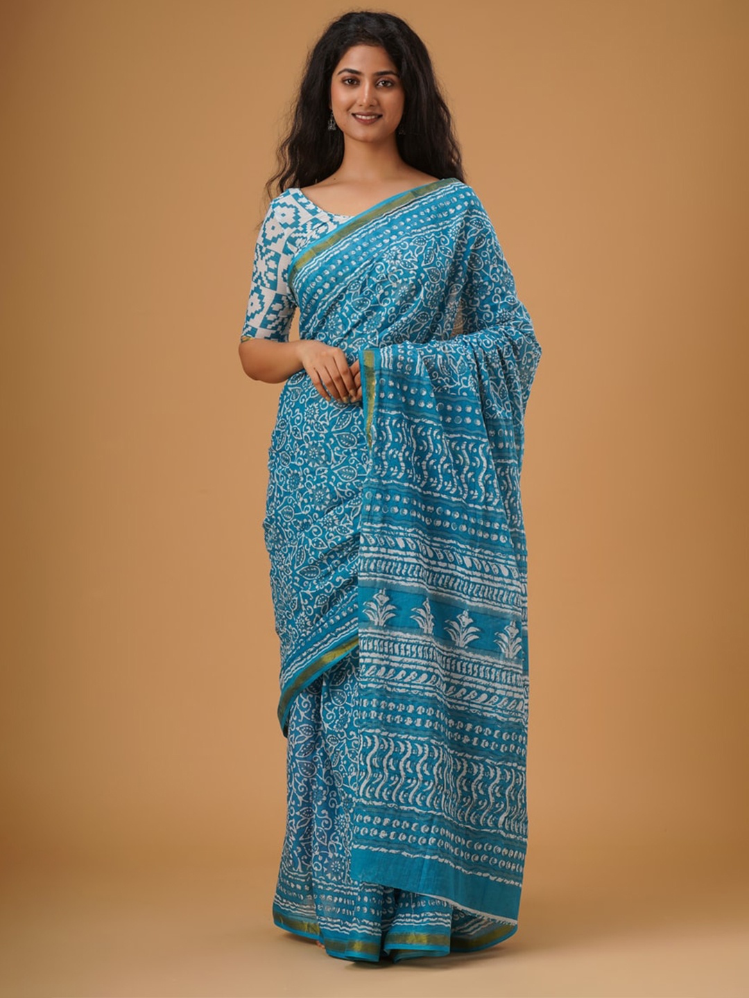 

JALTHER Ethnic Motifs Printed Zari Pure Cotton Saree, Blue