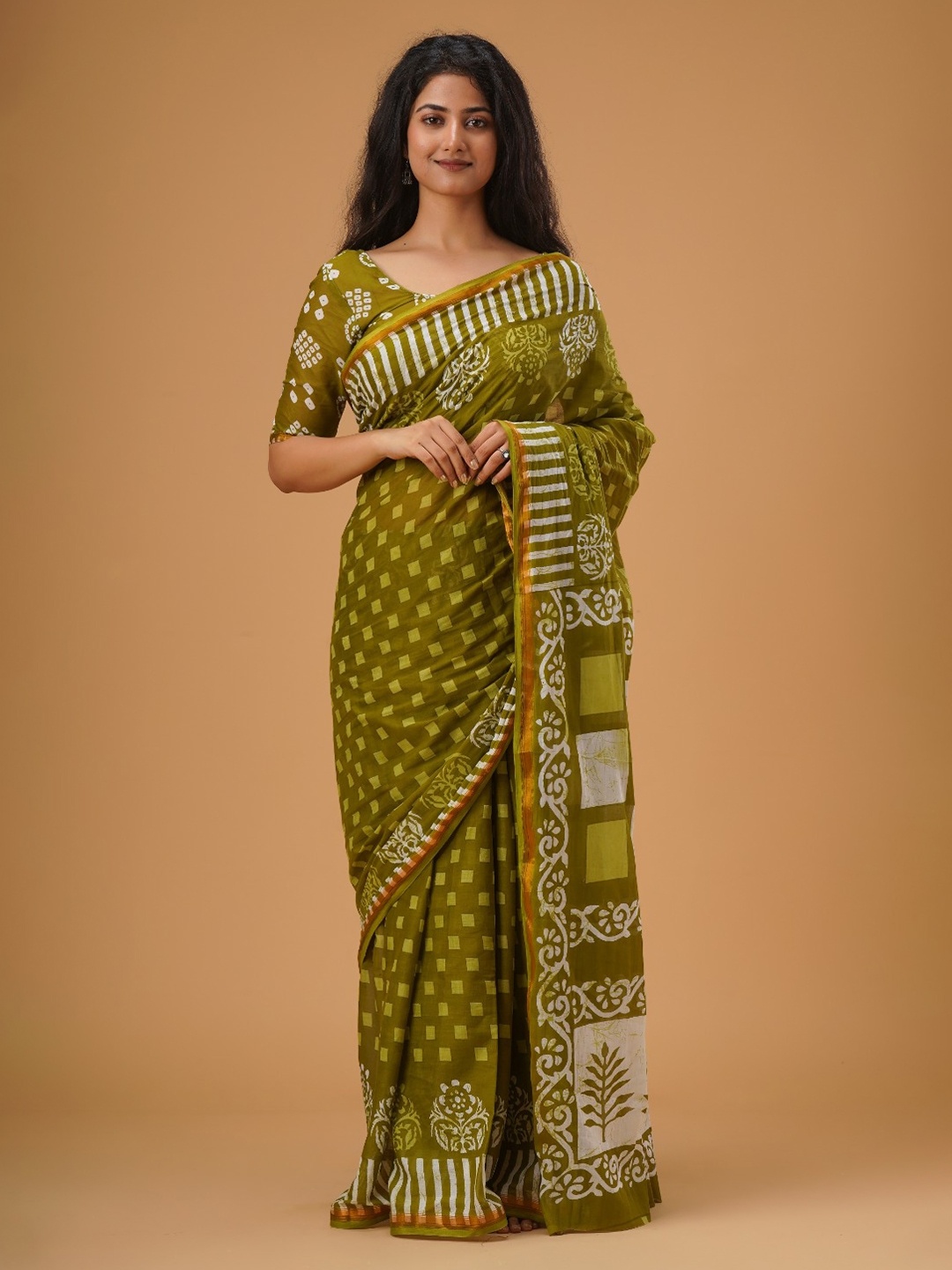 

JALTHER Ethnic Motifs Printed Zari Pure Cotton Saree, Green