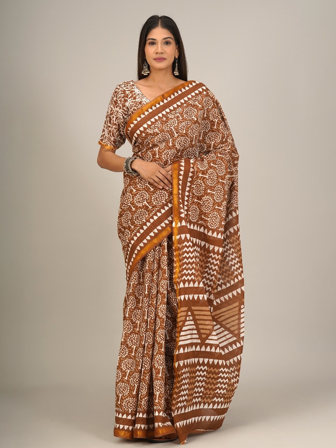 

JALTHER Ethnic Motifs Printed Zari Pure Cotton Saree, Brown