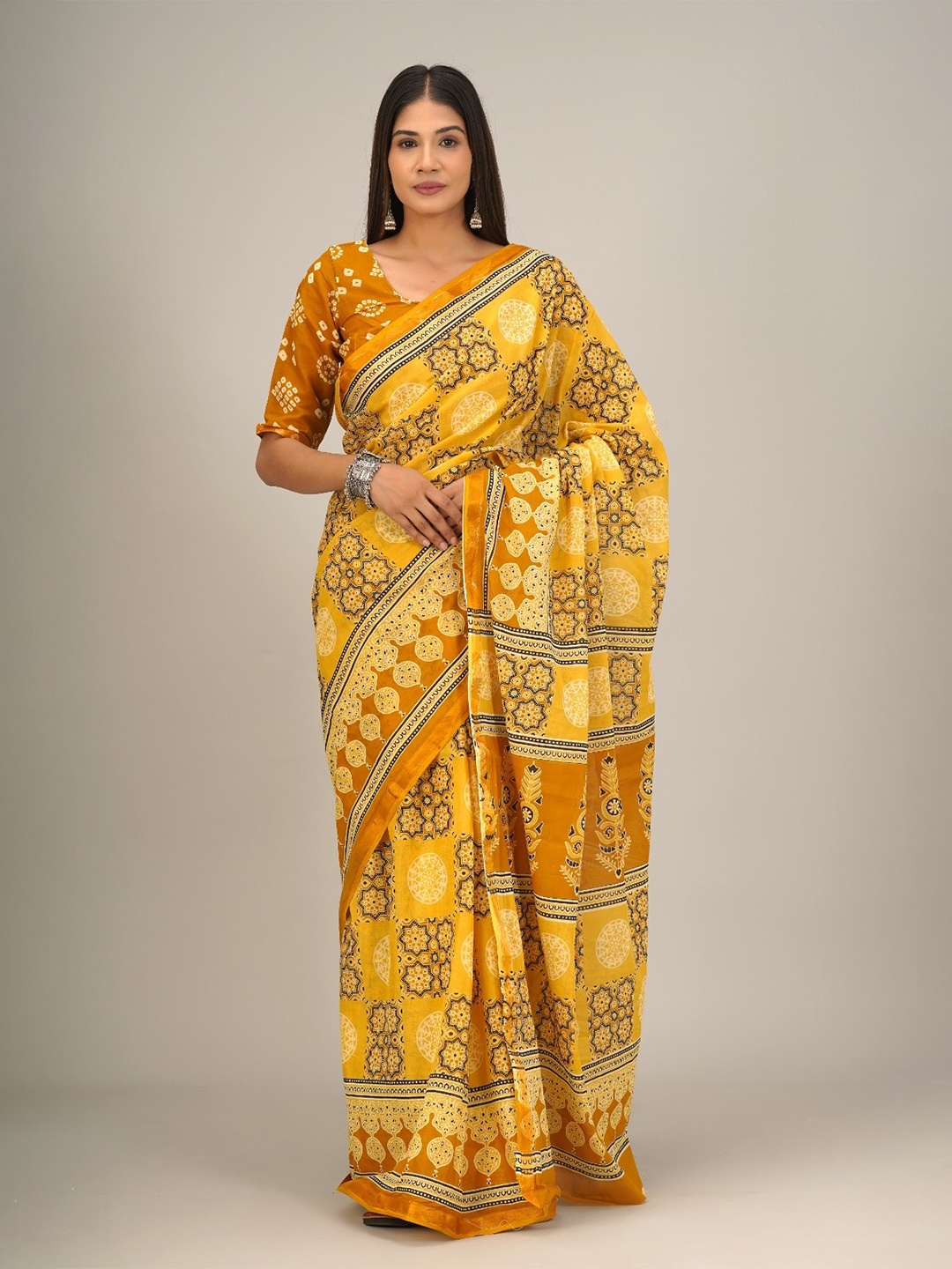 

JALTHER Ethnic Motifs Printed Zari Pure Cotton Saree, Yellow