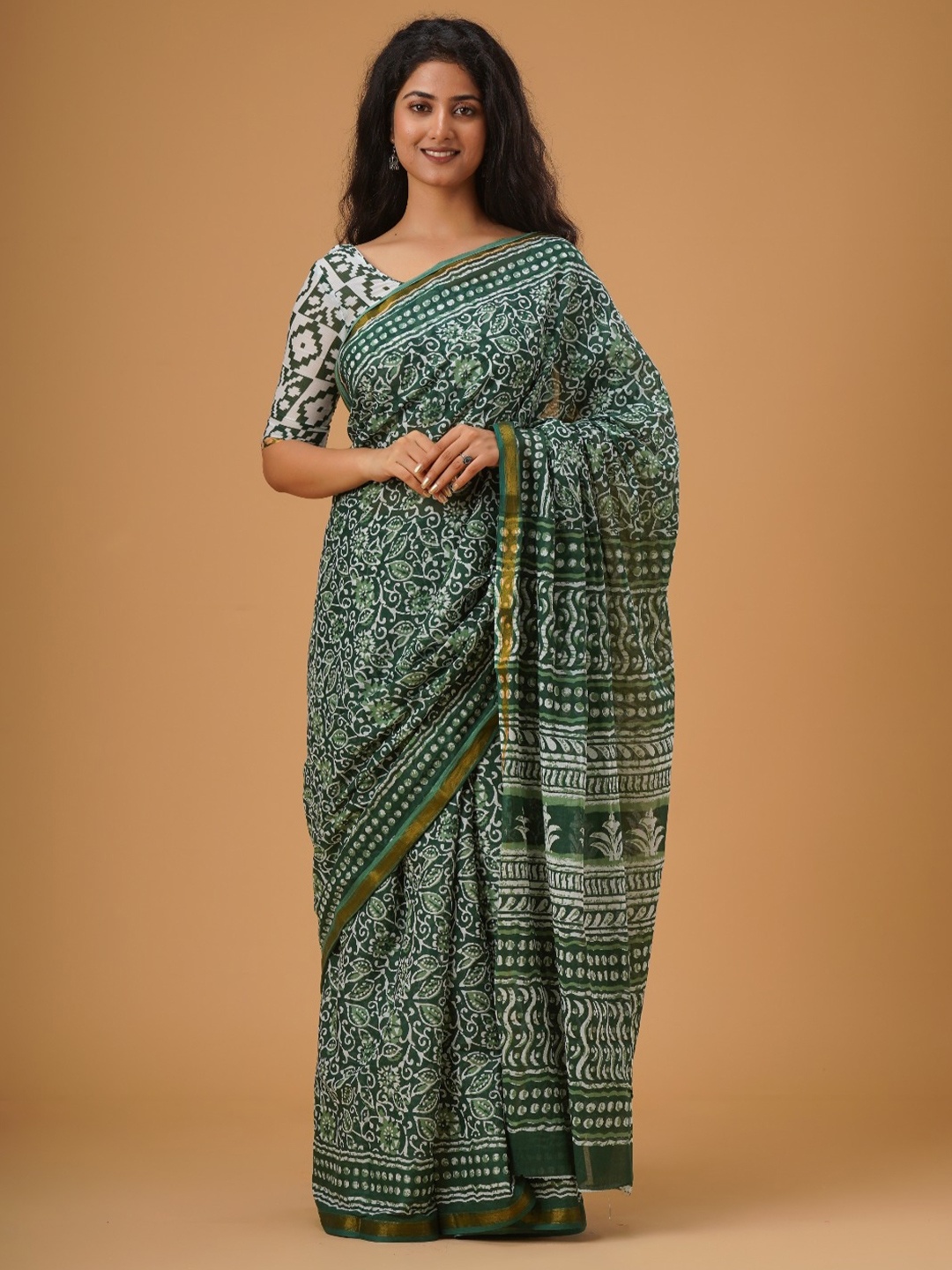 

JALTHER Ethnic Motifs Printed Zari Pure Cotton Saree, Green