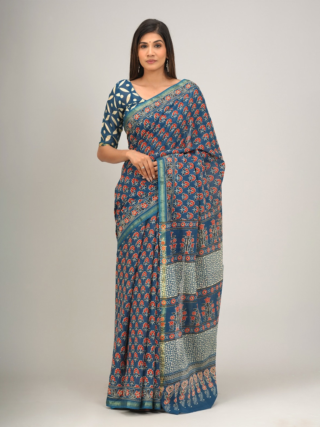

JALTHER Ethnic Motifs Printed Zari Pure Cotton Saree, Blue