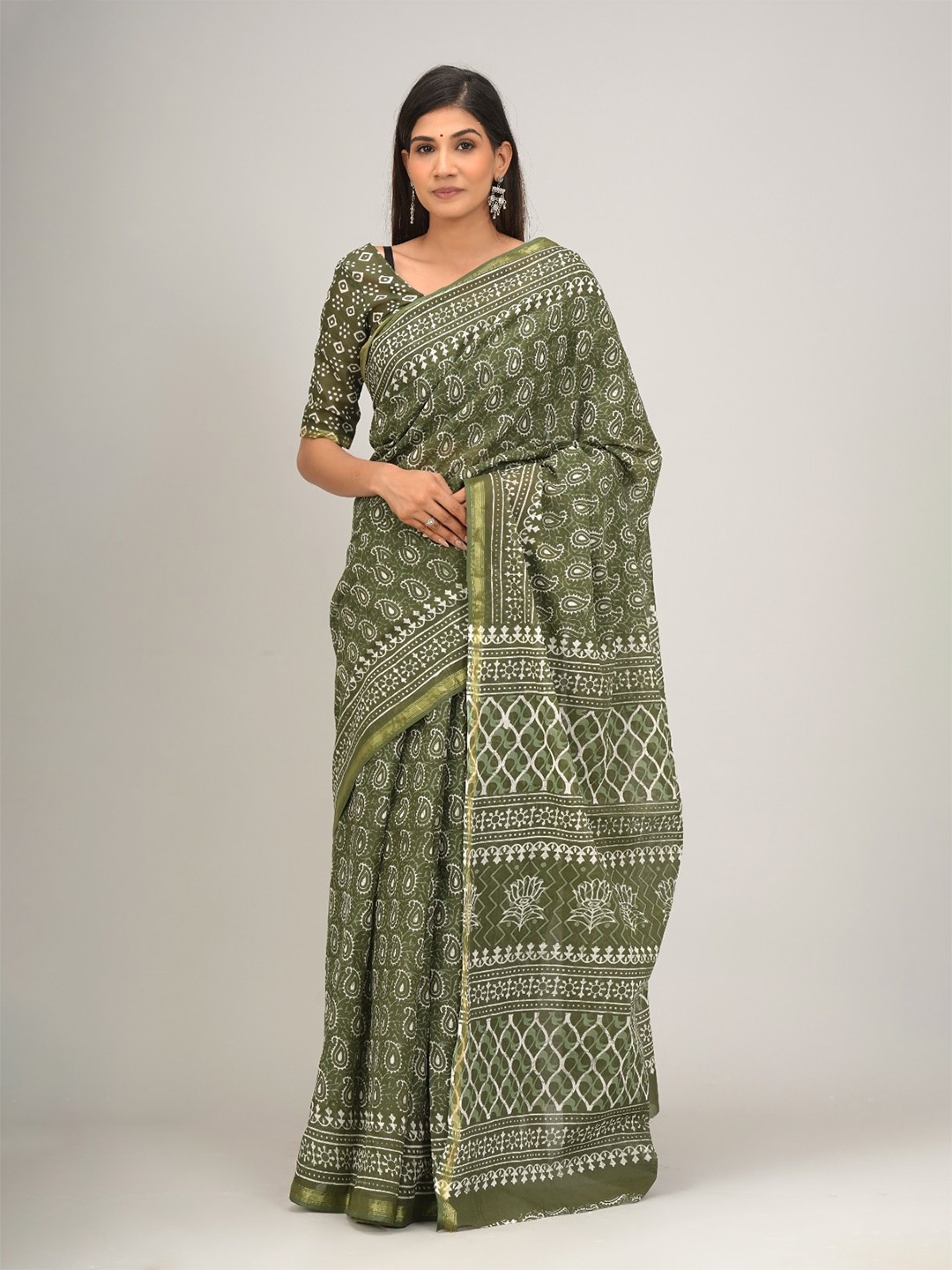 

JALTHER Ethnic Motifs Printed Zari Pure Cotton Saree, Green