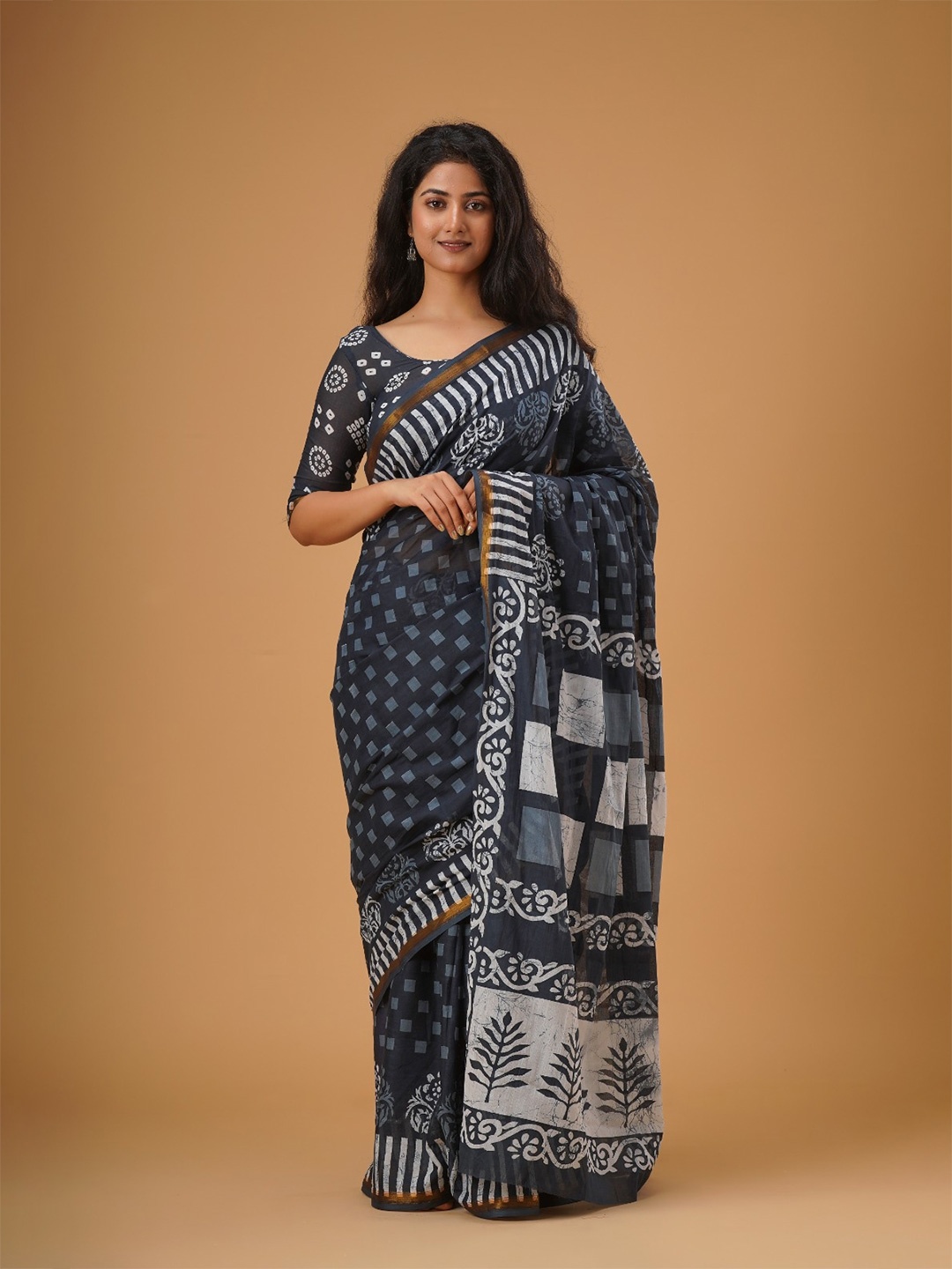 

JALTHER Ethnic Motifs Printed Zari Pure Cotton Saree, Black