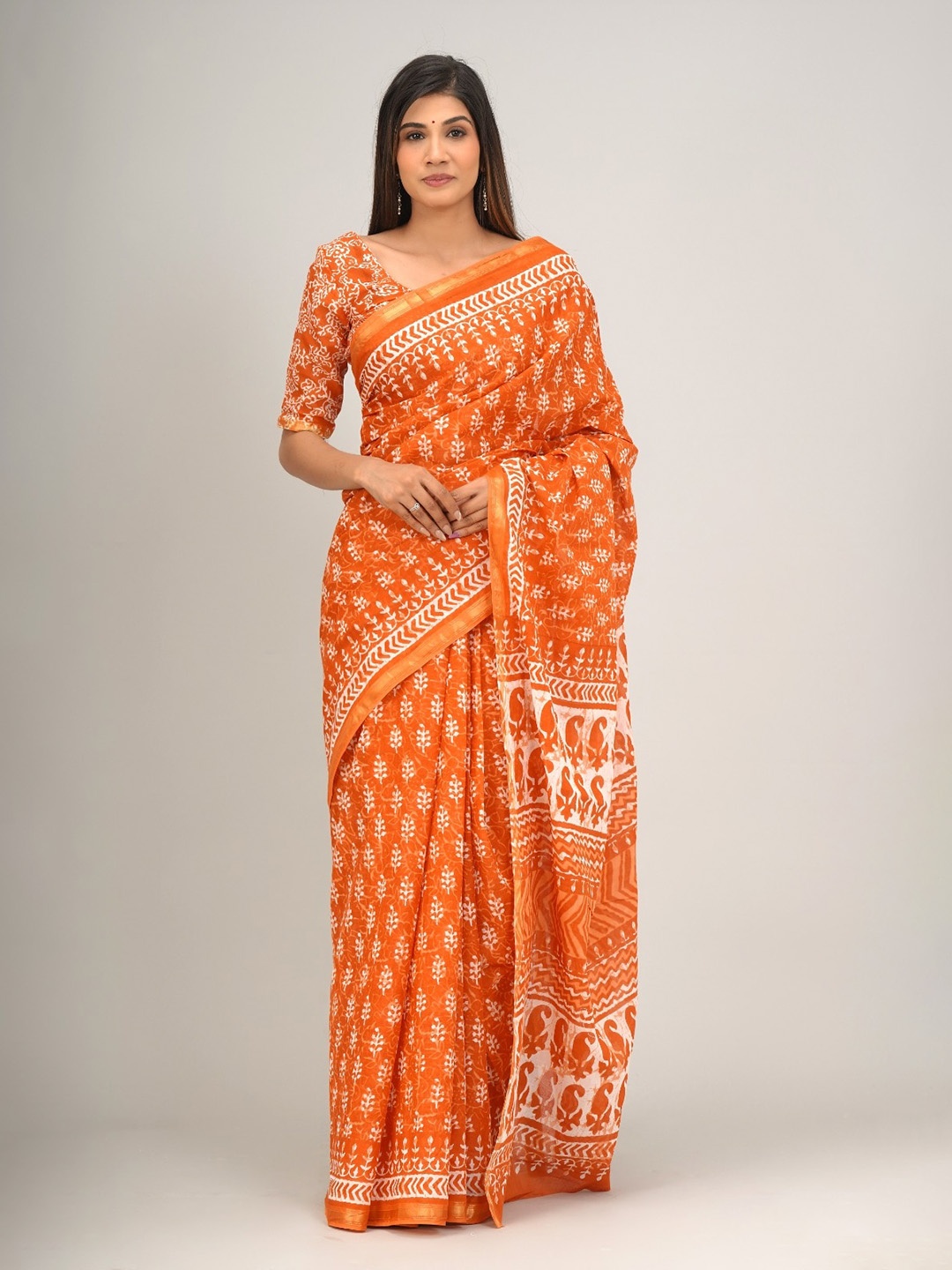 

JALTHER Ethnic Motifs Printed Zari Pure Cotton Saree, Orange
