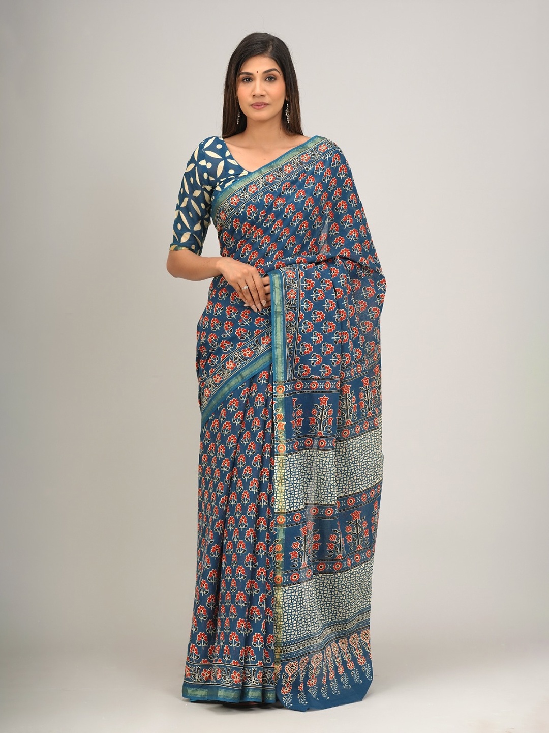 

JALTHER Ethnic Motifs Printed Zari Pure Cotton Saree, Blue