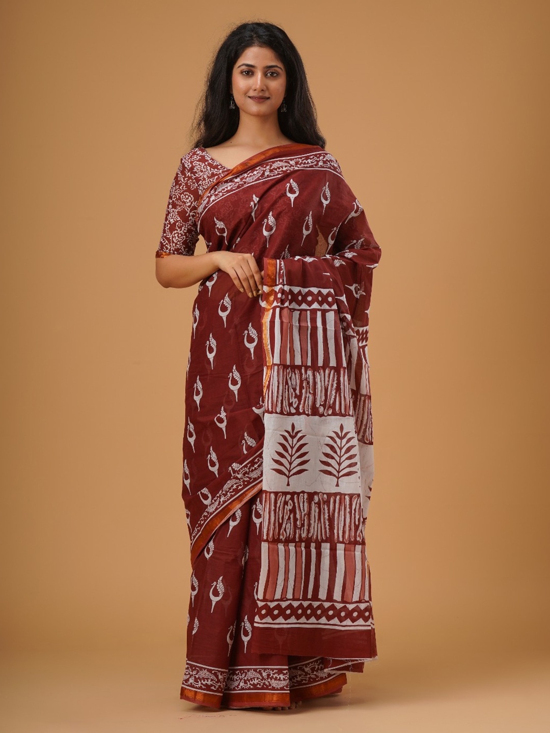 

JALTHER Ethnic Motifs Printed Zari Pure Cotton Saree, Maroon