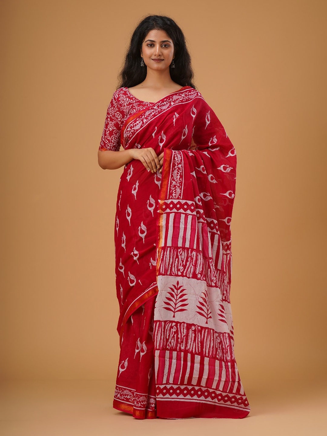 

JALTHER Ethnic Motifs Printed Zari Pure Cotton Saree, Red
