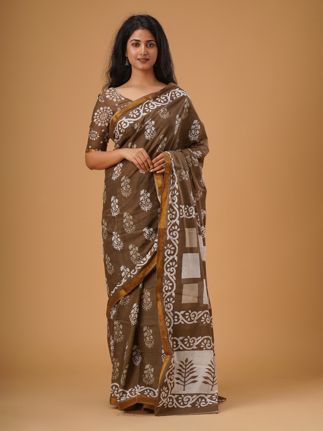 

JALTHER Ethnic Motifs Printed Zari Pure Cotton Saree, Brown