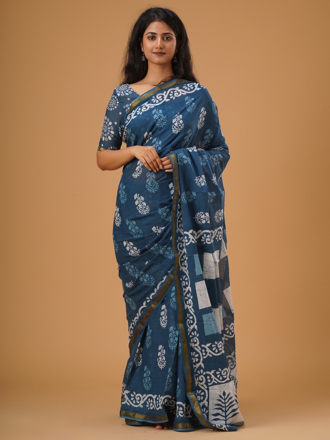 

JALTHER Ethnic Motifs Printed Zari Pure Cotton Saree, Blue