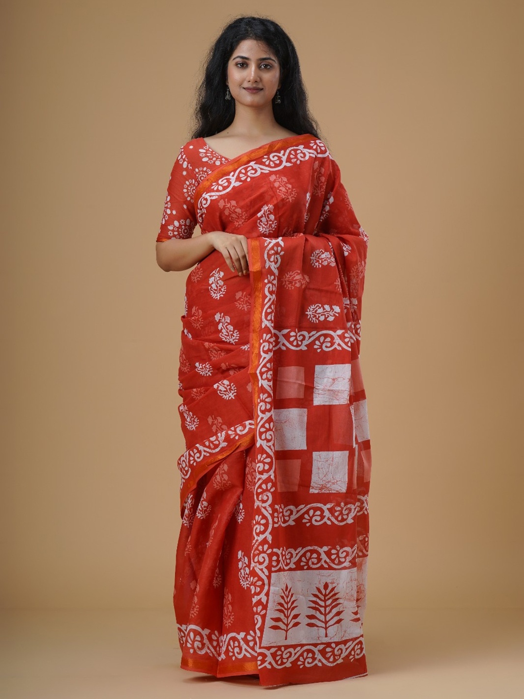 

JALTHER Ethnic Motifs Printed Zari Pure Cotton Saree, Orange