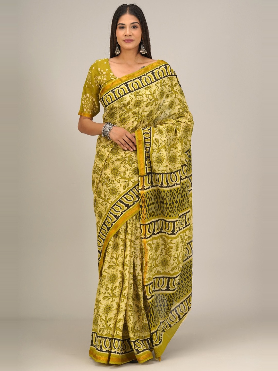 

JALTHER Ethnic Motifs Printed Zari Pure Cotton Saree, Yellow