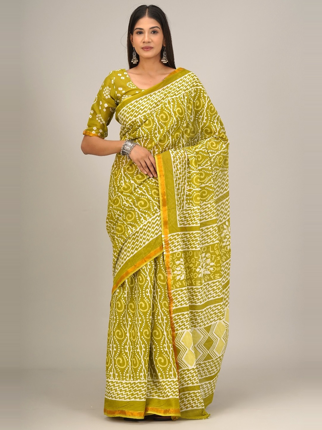 

JALTHER Ethnic Motifs Printed Zari Pure Cotton Saree, Green