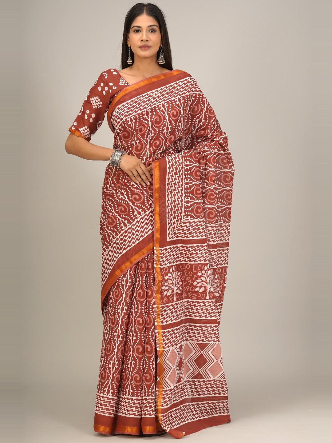 

JALTHER Ethnic Motifs Printed Zari Pure Cotton Saree, Red