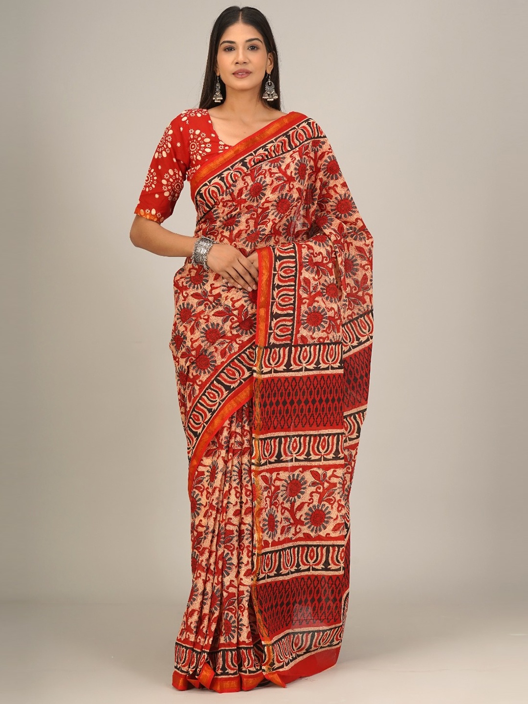 

JALTHER Ethnic Motifs Printed Zari Pure Cotton Saree, Red