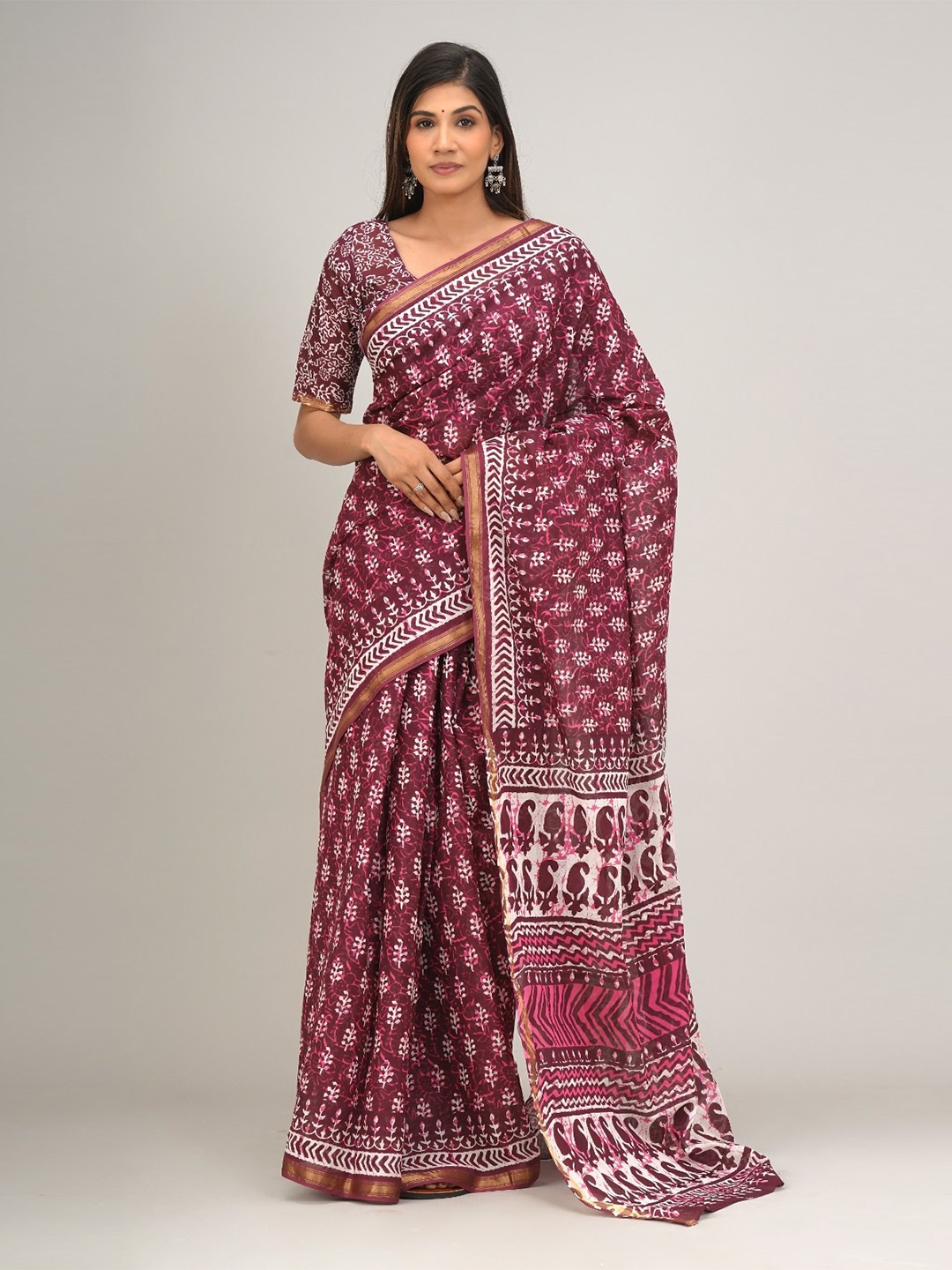 

JALTHER Ethnic Motifs Printed Zari Pure Cotton Saree, Purple