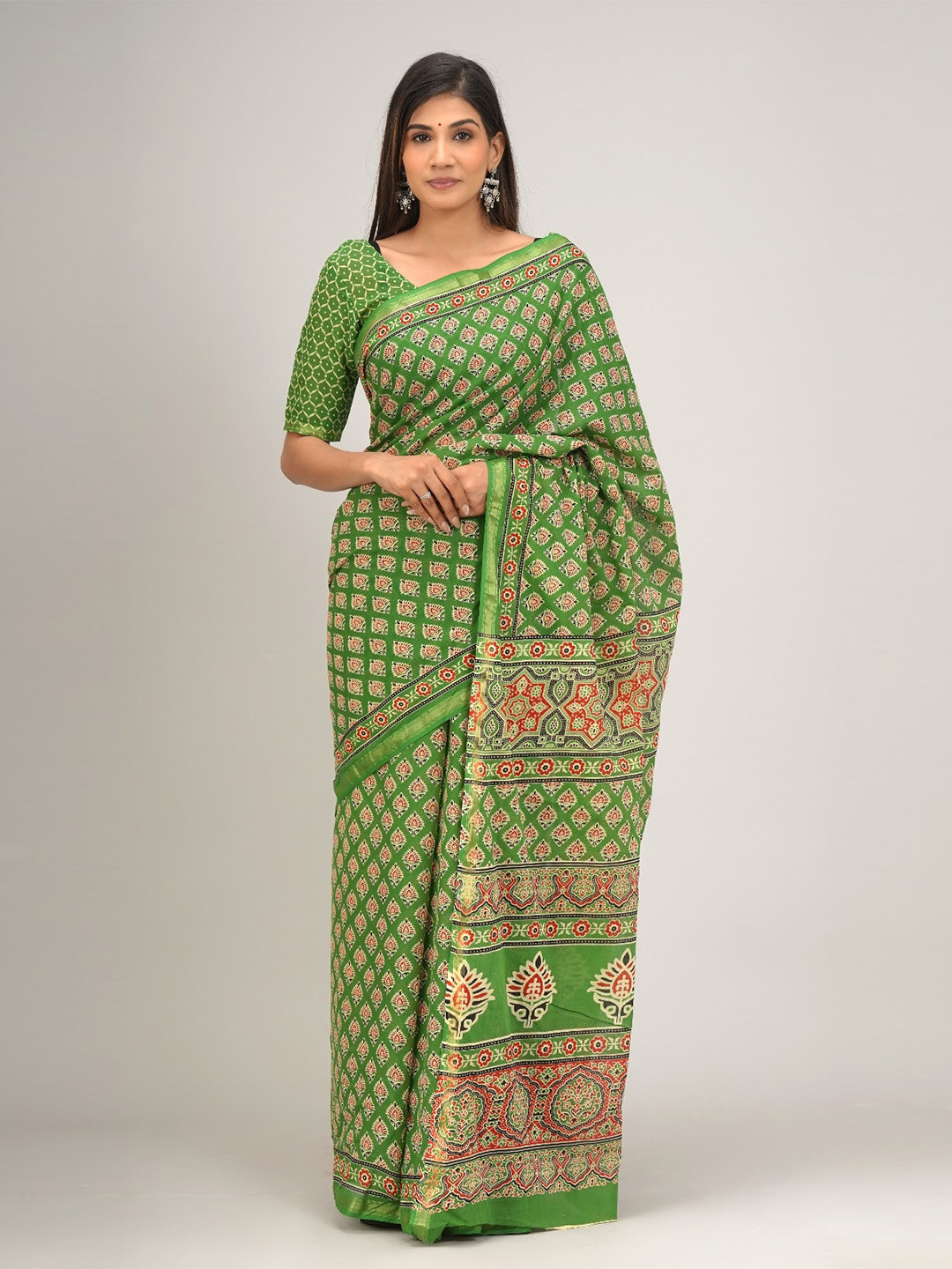 

JALTHER Ethnic Motifs Printed Zari Pure Cotton Saree, Green