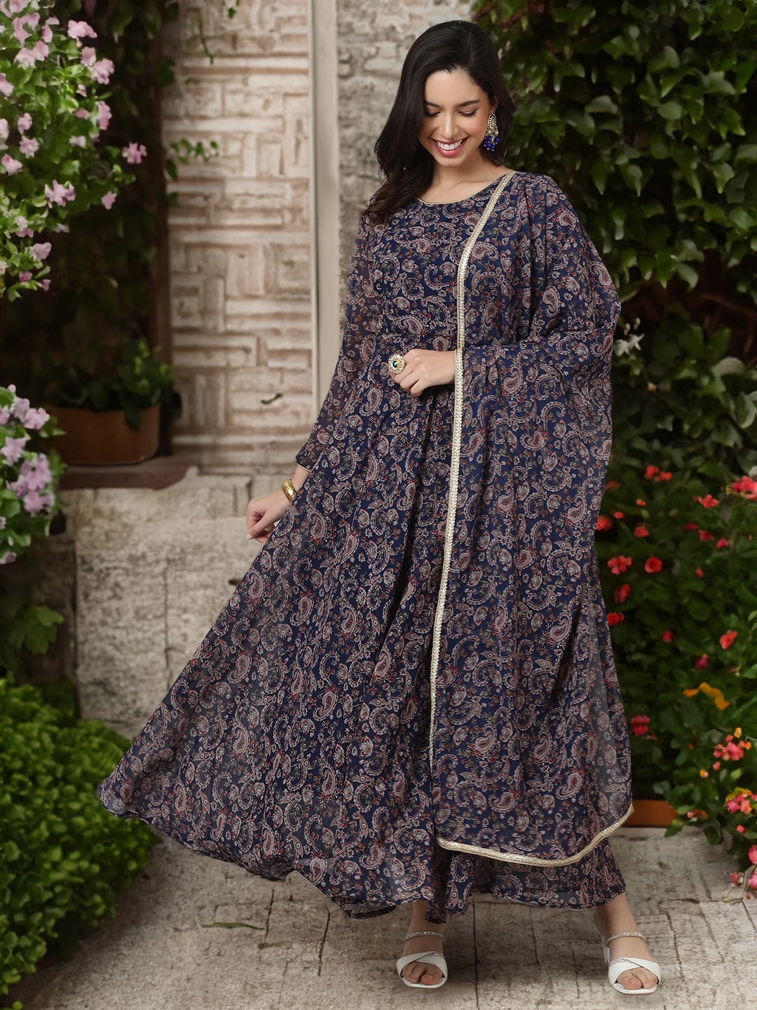 

SAK JAIPUR Floral Printed Georgette Anarkali Maxi Ethnic Dress With Dupatta, Navy blue