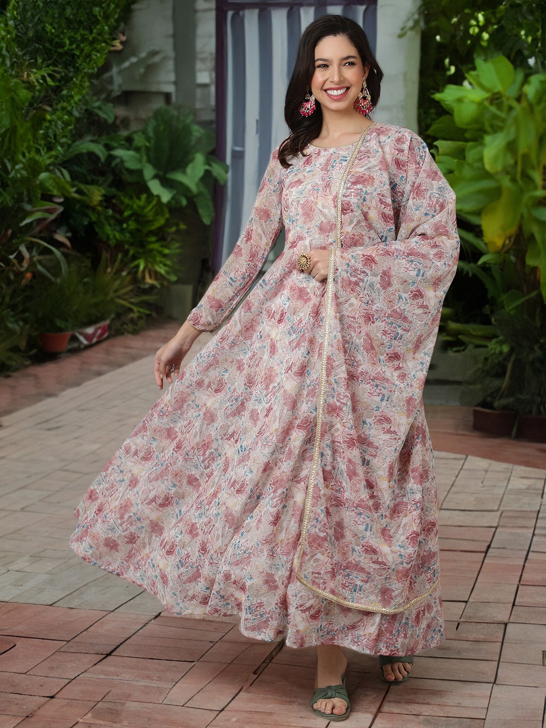 

SAK JAIPUR Floral Printed Georgette Anarkali Maxi Ethnic Dress With Dupatta, Peach