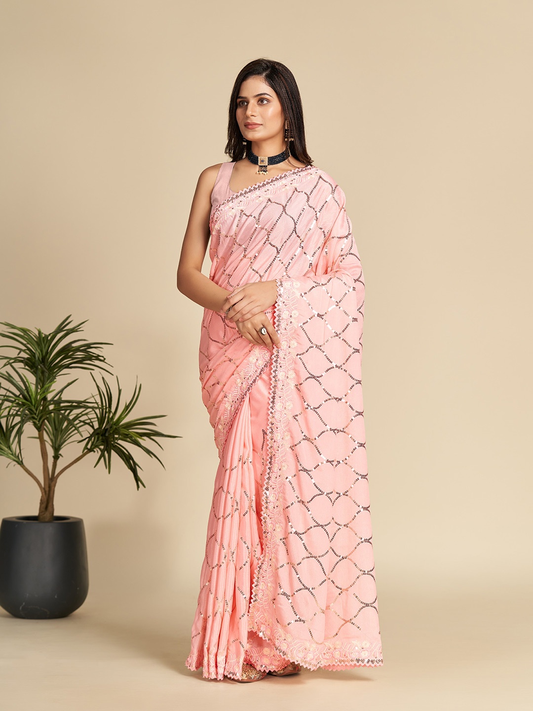

Celeb Styles Embellished Sequinned Party Wear Saree, Orange