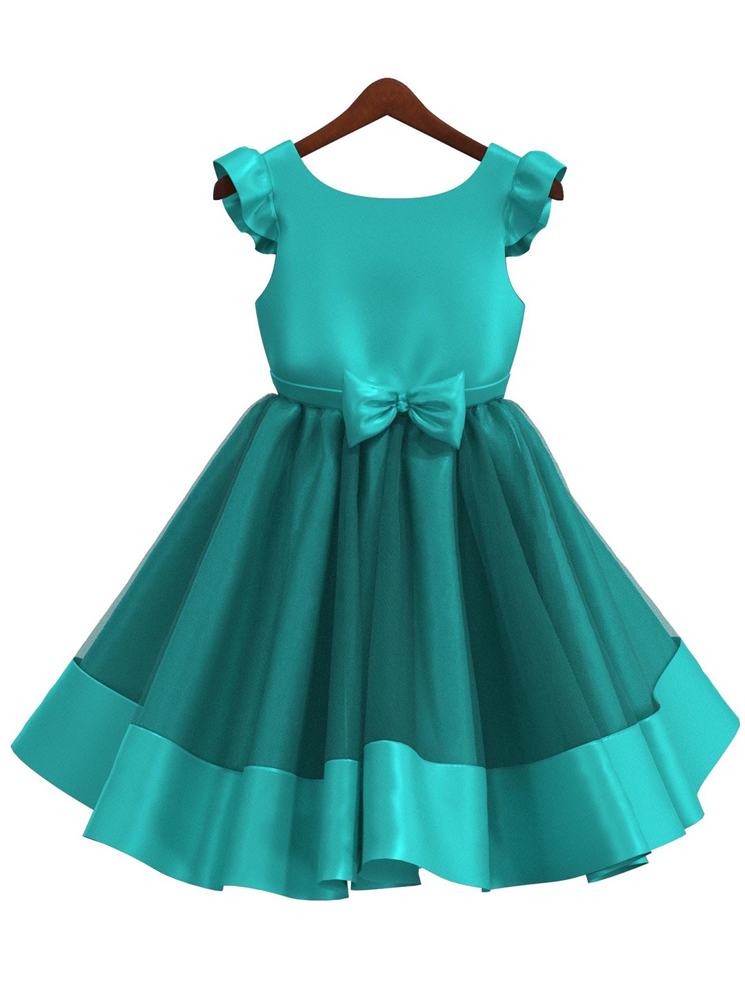 

BAESD Kids-Girls Round Neck Flutter Sleeve Satin Opaque Fit & Flare Knee Length Dress, Sea green