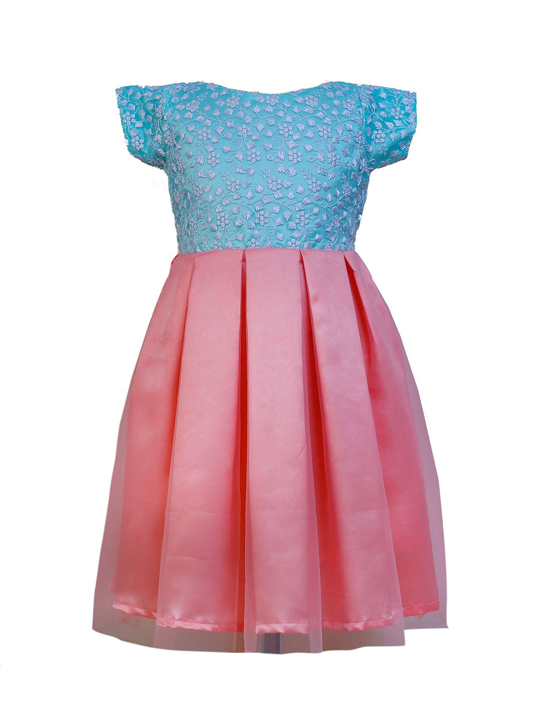 

BAESD Girls Floral Embroidered Round Neck Box Pleated Party Dress, Peach