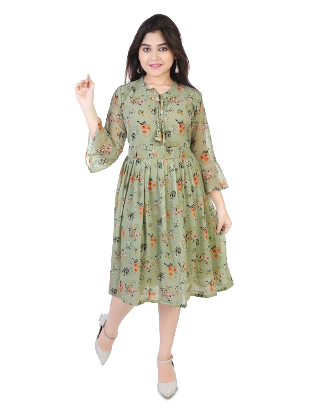 

BAESD Girls Floral Printed Georgette Tie-Up Neck Fit & Flare Midi Dress, Green