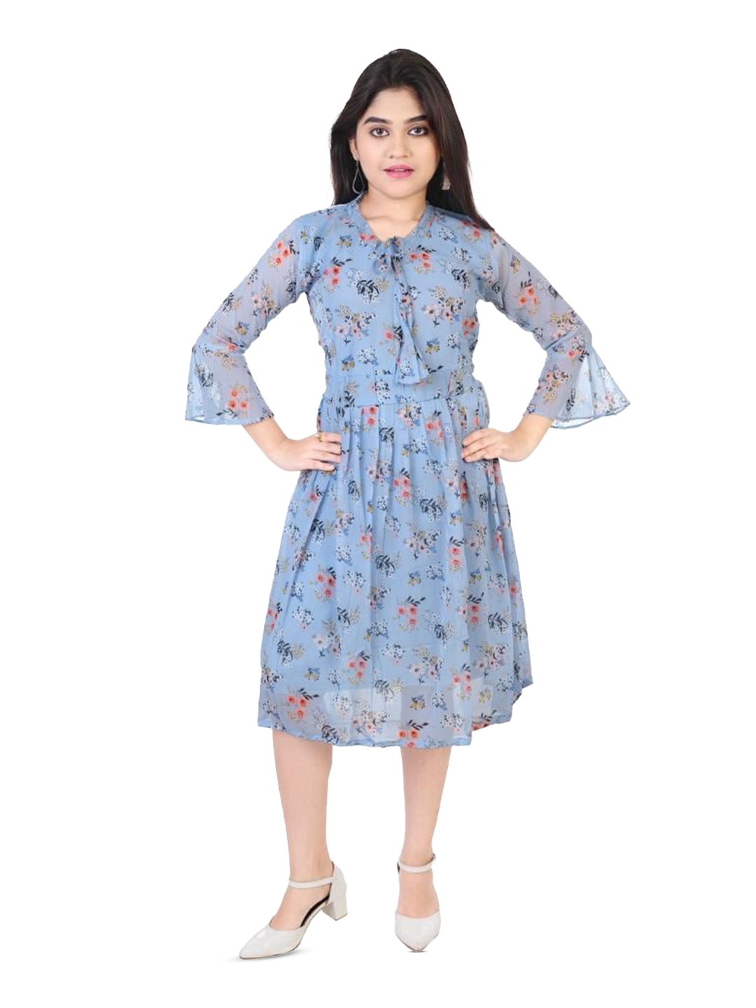 

BAESD Gilrs Floral Printed Flared Sleeves Fit & Flare Midi Dress, Blue