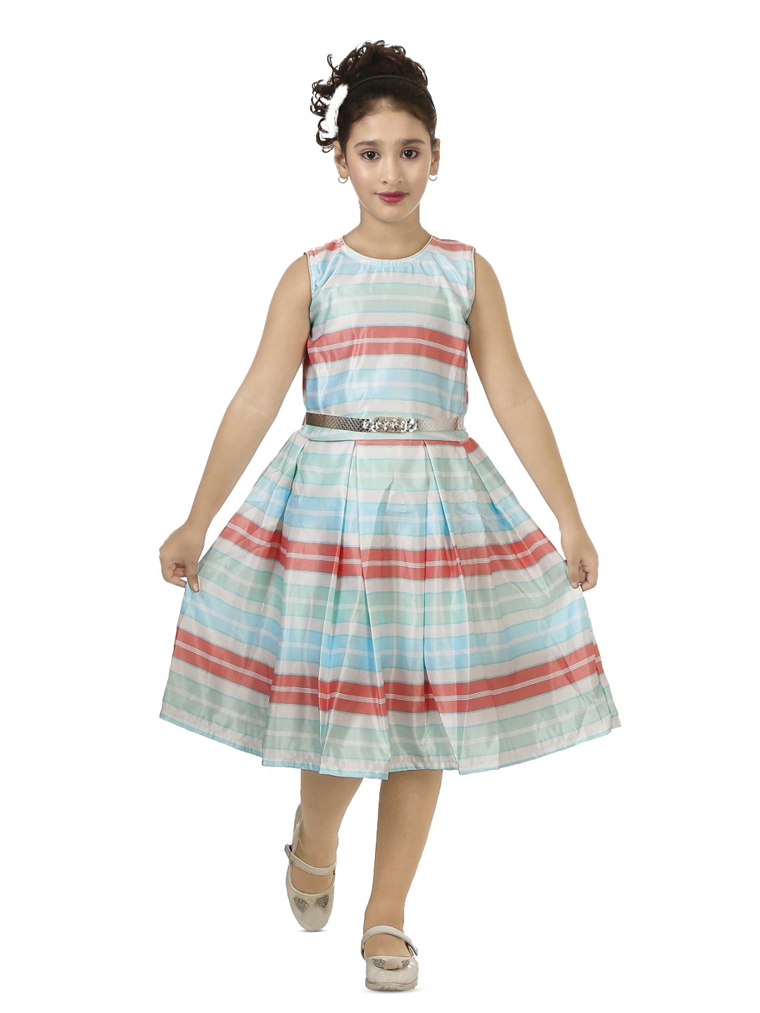 

BAESD Girls Round Neck Striped Printed Georgette Fit & Flare Dress, Blue