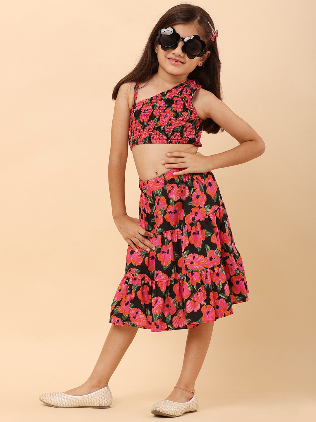 

BAESD Girls Floral Printed Top with Skirt, Black