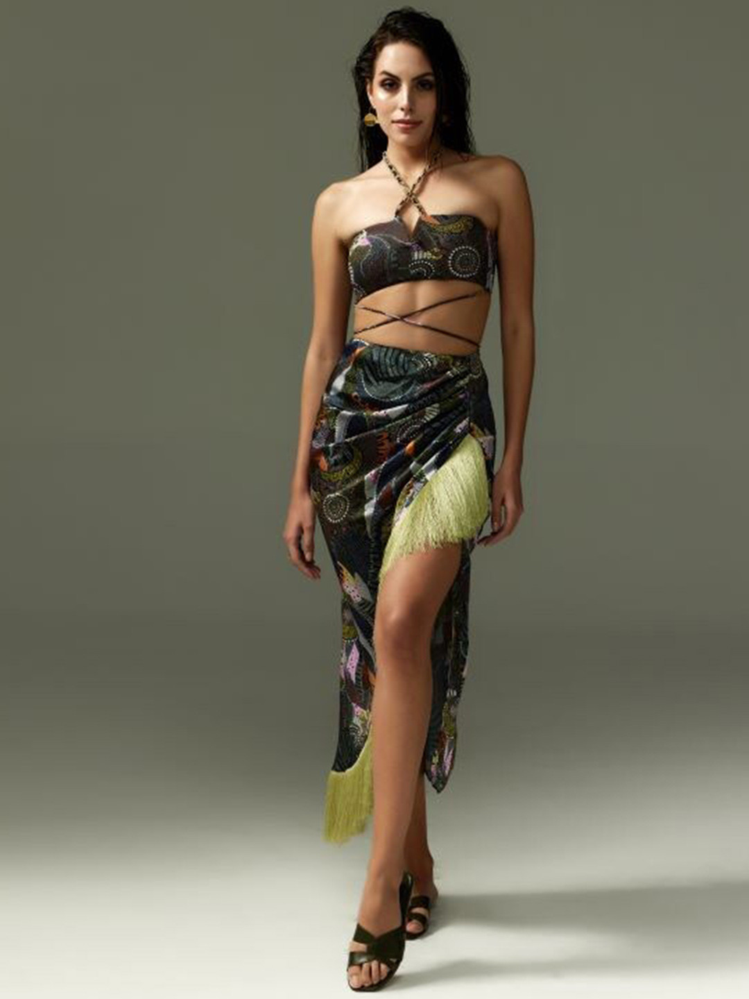 

Tizzi Printed Mini Length Asymmetric Vanessa A Line Skirt, Green