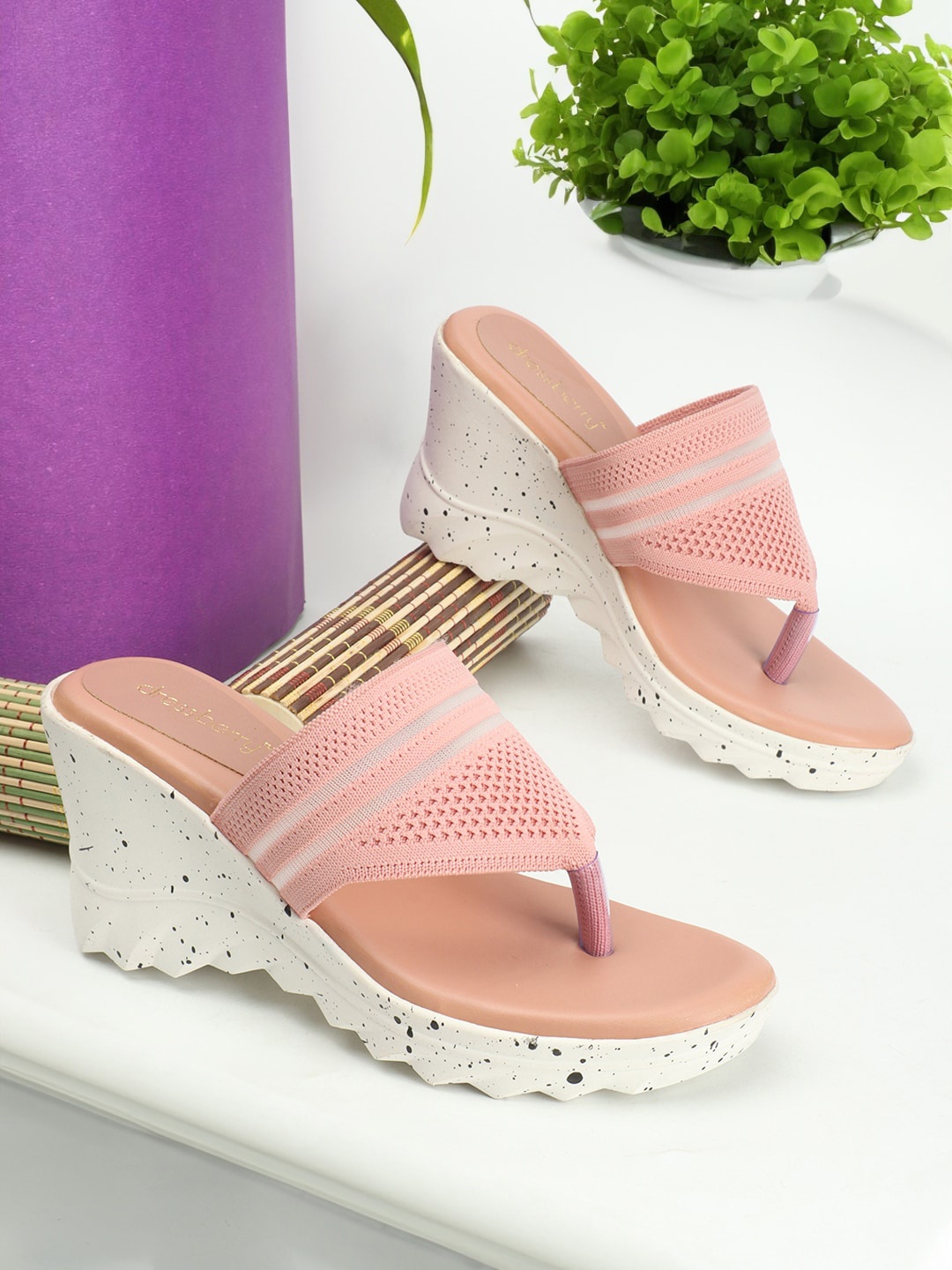 

DressBerry Pink Textured Open Toe Wedge Heels