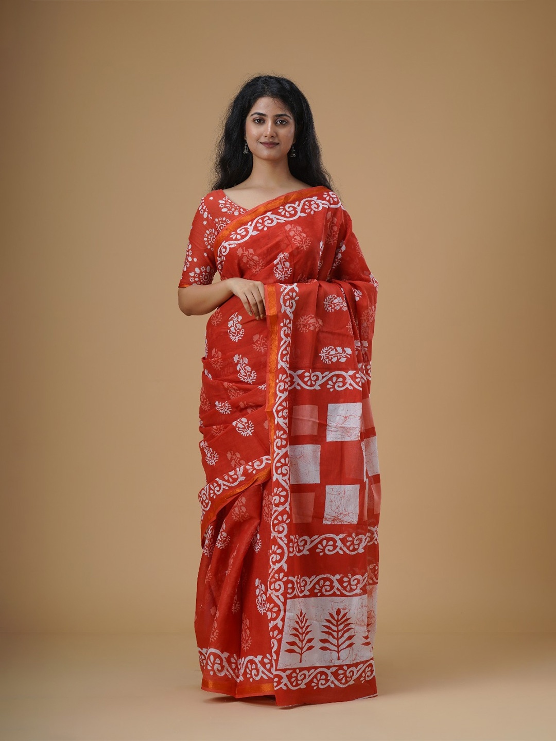 

KIAARON Ethnic Motifs Zari Mulmul Cotton Block Print Saree, Orange