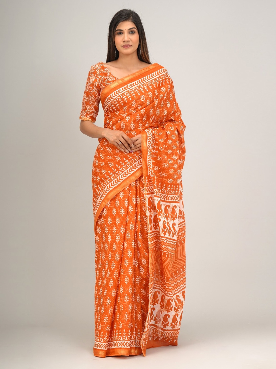 

KIAARON Ethnic Motifs Pure Cotton Block Print Saree, Orange