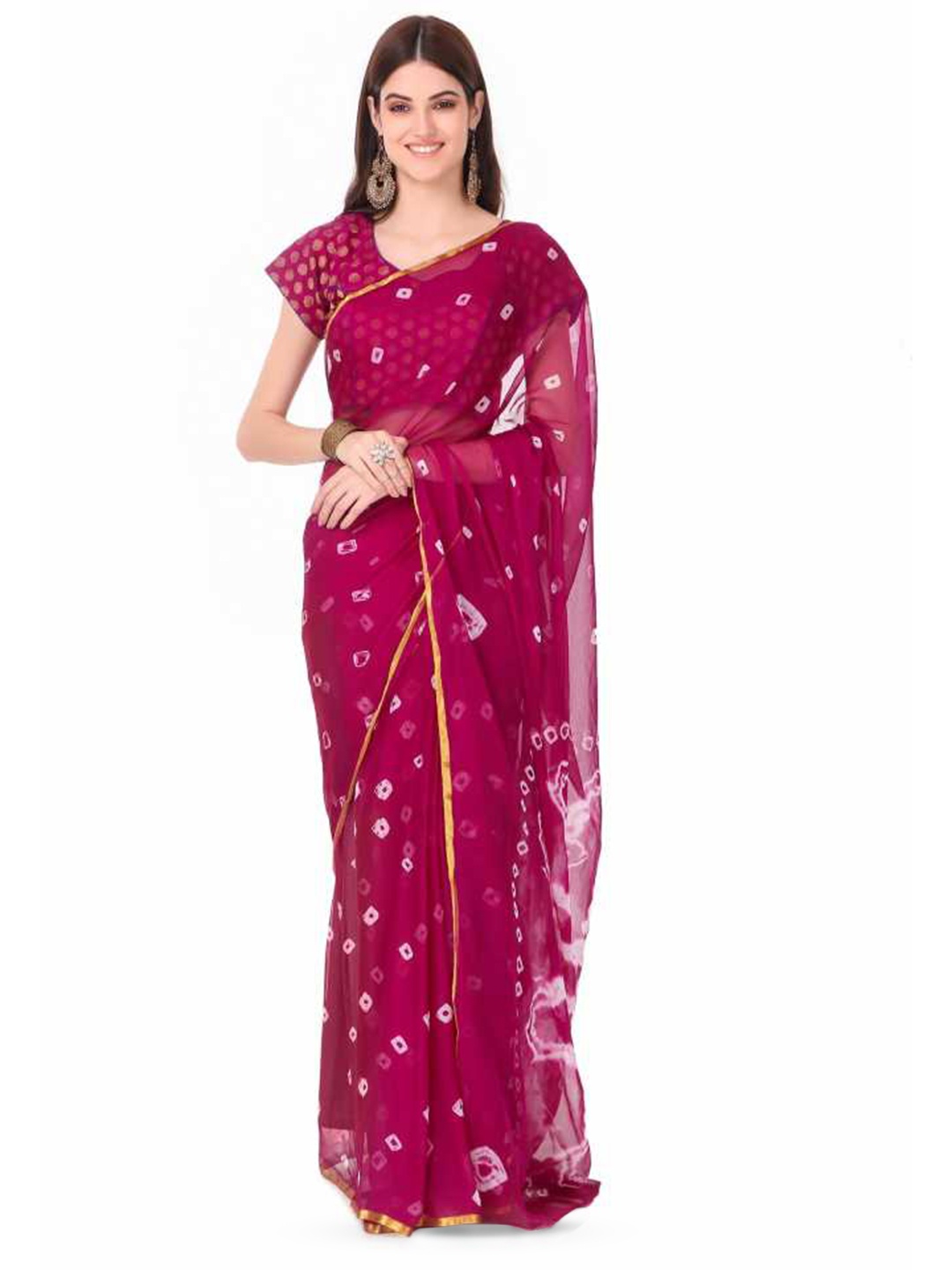 

Reboot Fashions Bandhani Zari Pure Chiffon Bandhani Saree, Magenta