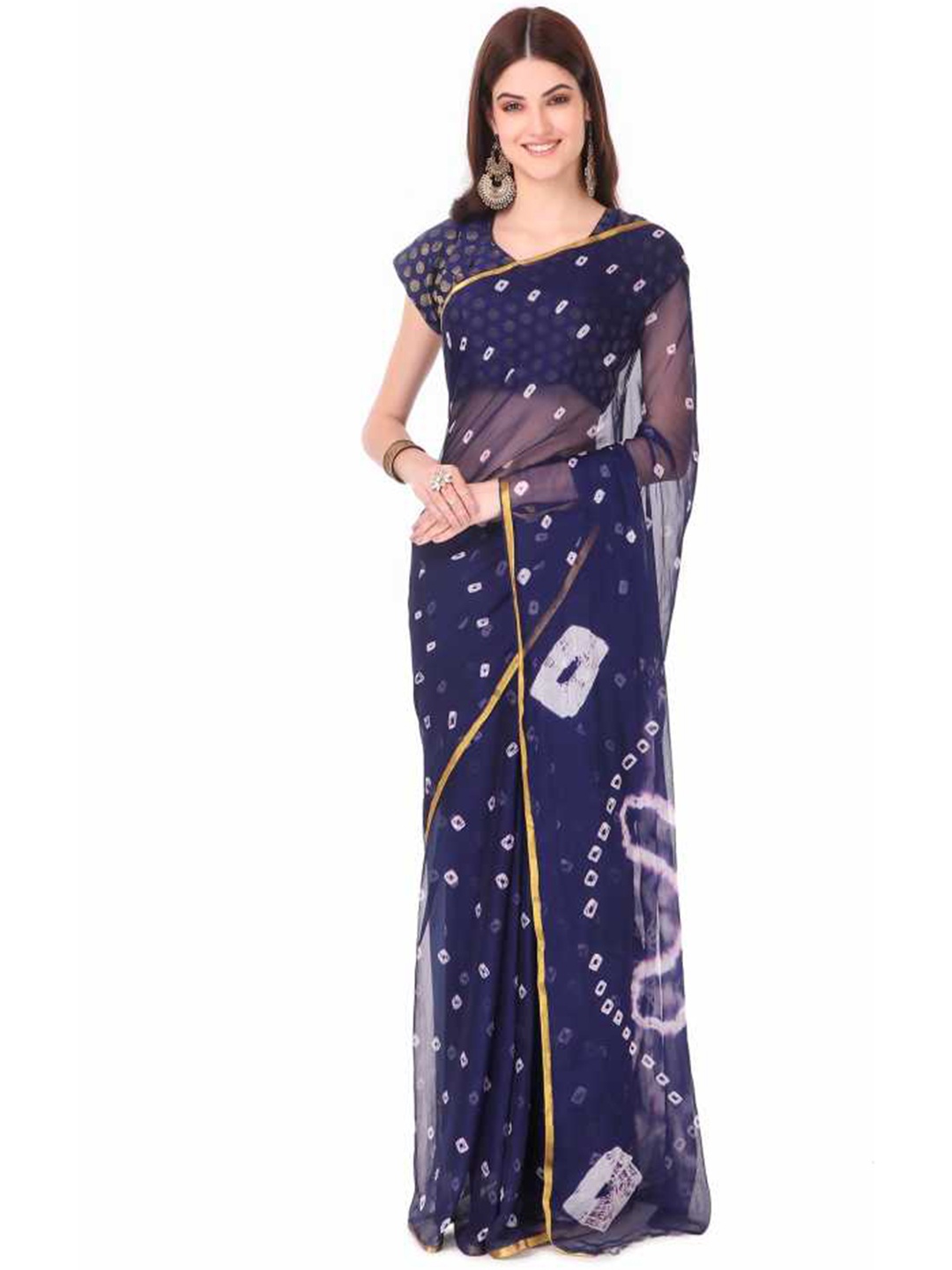 

Reboot Fashions Bandhani Zari Pure Chiffon Bandhani Saree, Navy blue