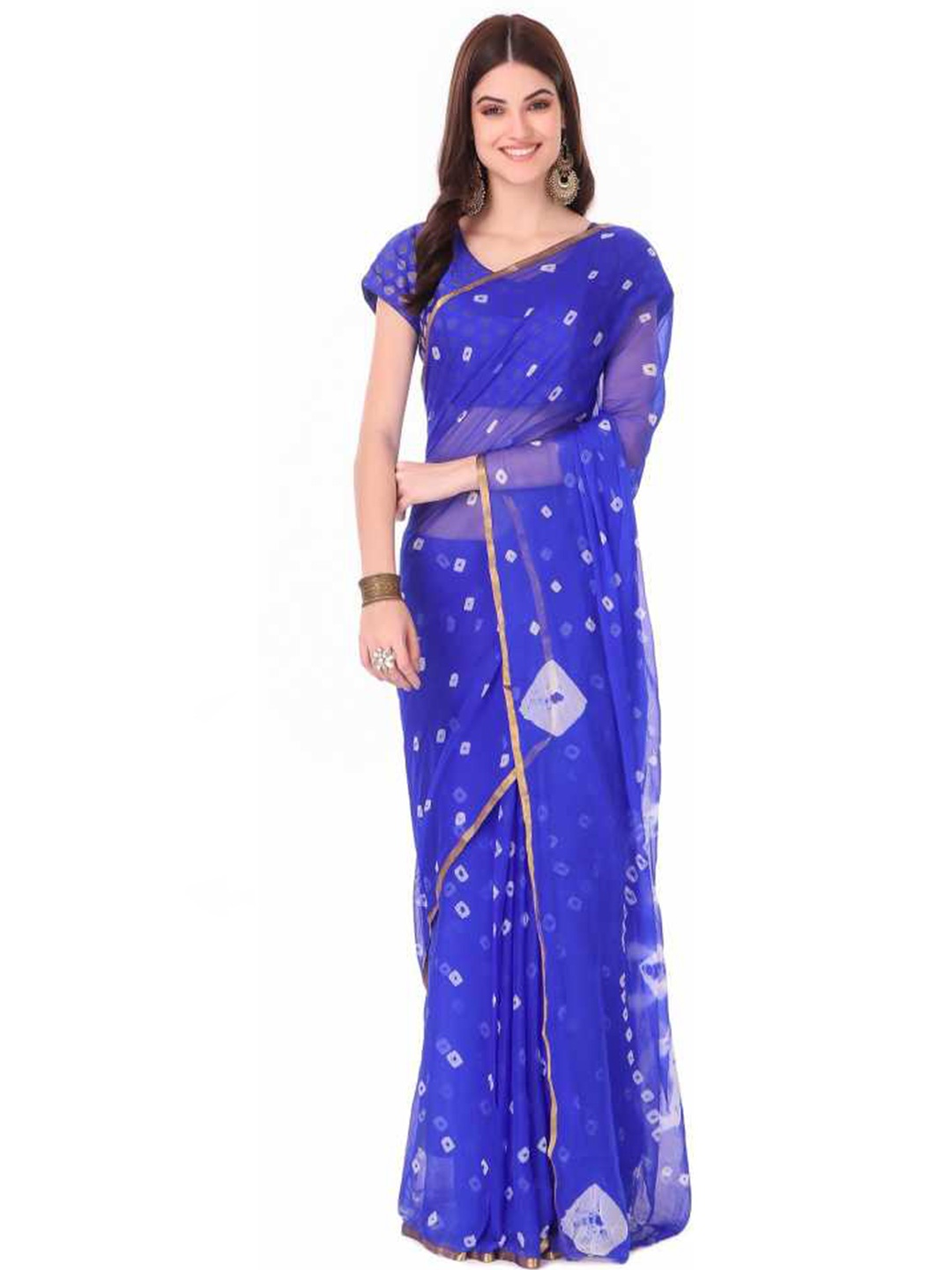 

Reboot Fashions Bandhani Zari Pure Chiffon Bandhani Saree, Blue