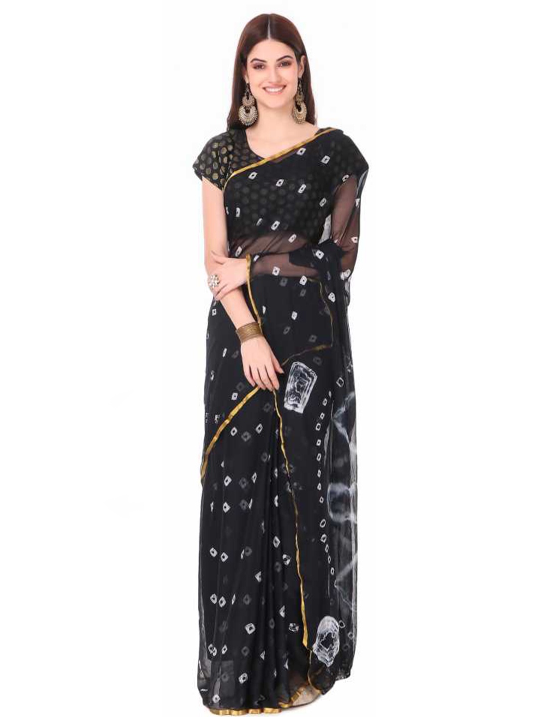 

Reboot Fashions Bandhani Zari Pure Chiffon Bandhani Saree, Black