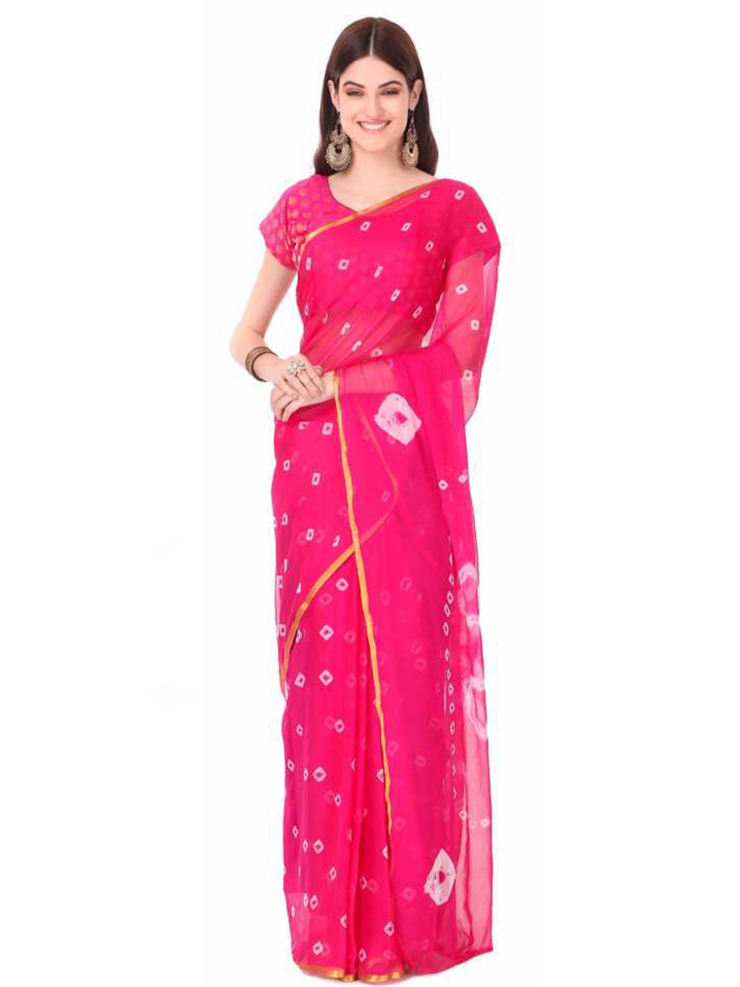 

Reboot Fashions Bandhani Zari Pure Chiffon Bandhani Saree, Pink