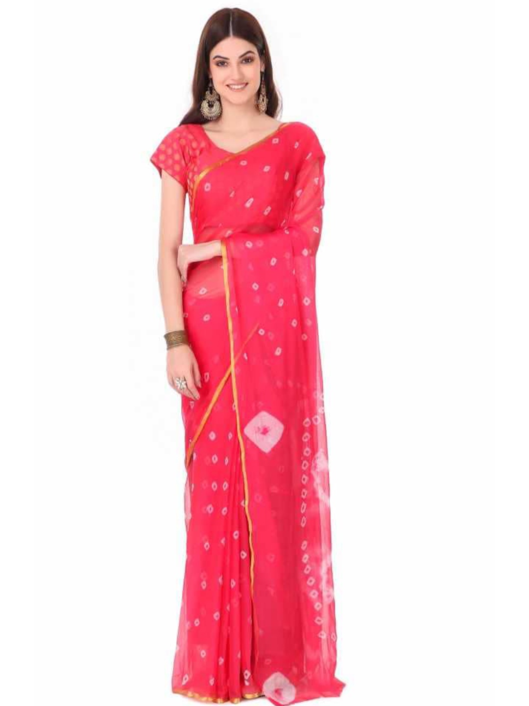 

Reboot Fashions Bandhani Zari Pure Chiffon Bandhani Saree, Pink