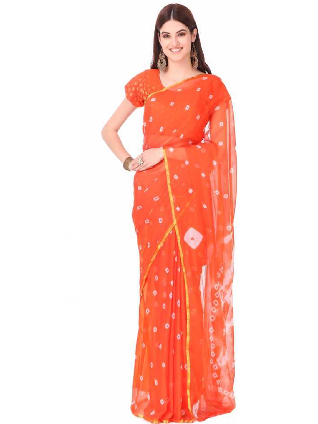 

Reboot Fashions Tie and Dye Zari Pure Chiffon Bandhani Saree, Orange