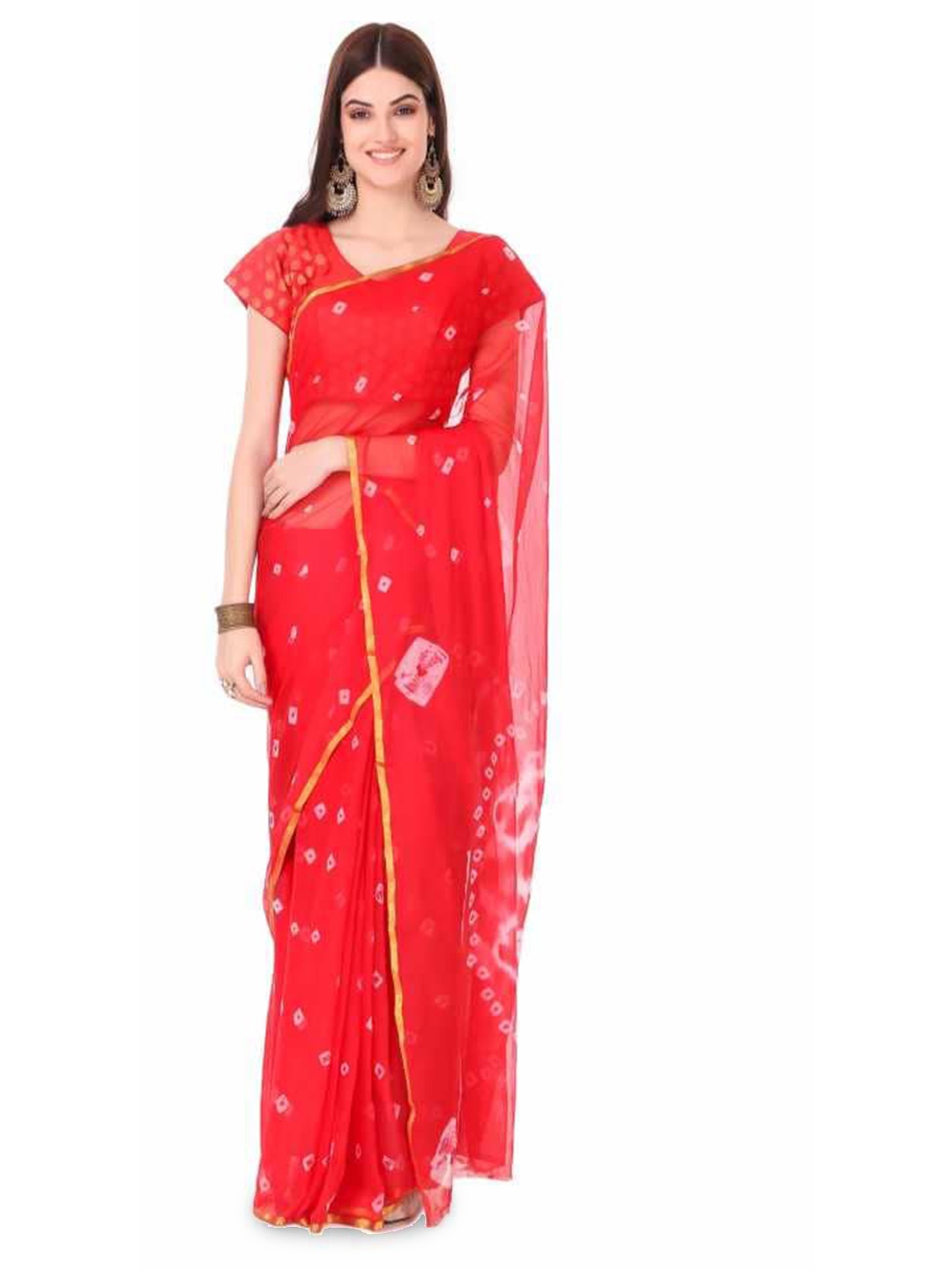 

Reboot Fashions Bandhani Zari Pure Chiffon Bandhani Saree, Red