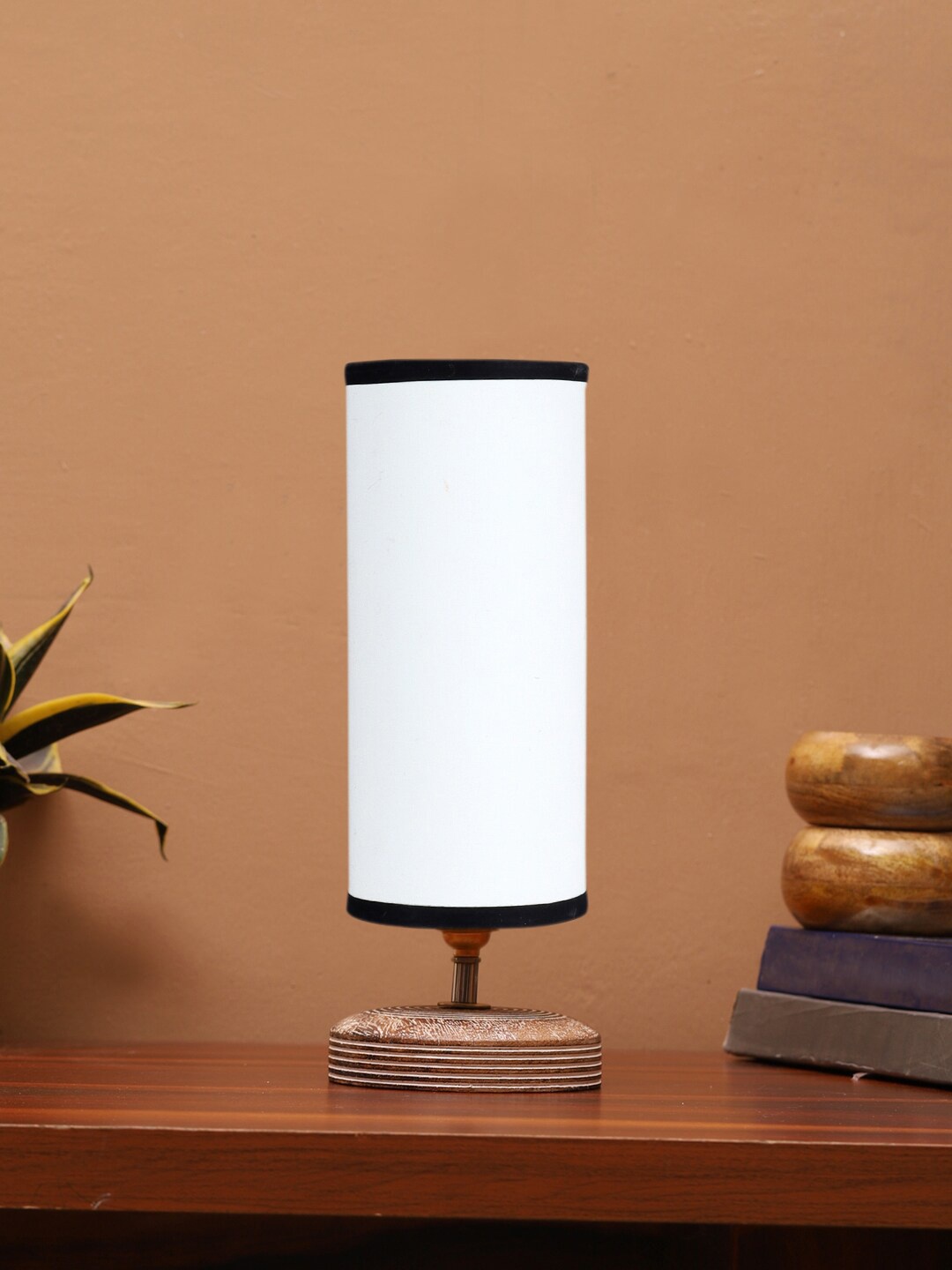 

Devansh White Textured Contemporary Cylindrical Shaped Wooden Table Lamp