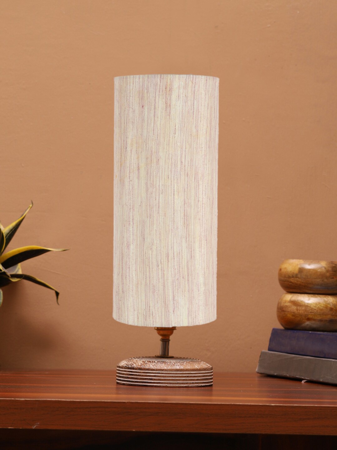 

Devansh Off White Textured Contemporary Cylindrical Shaped Wooden Table Lamp