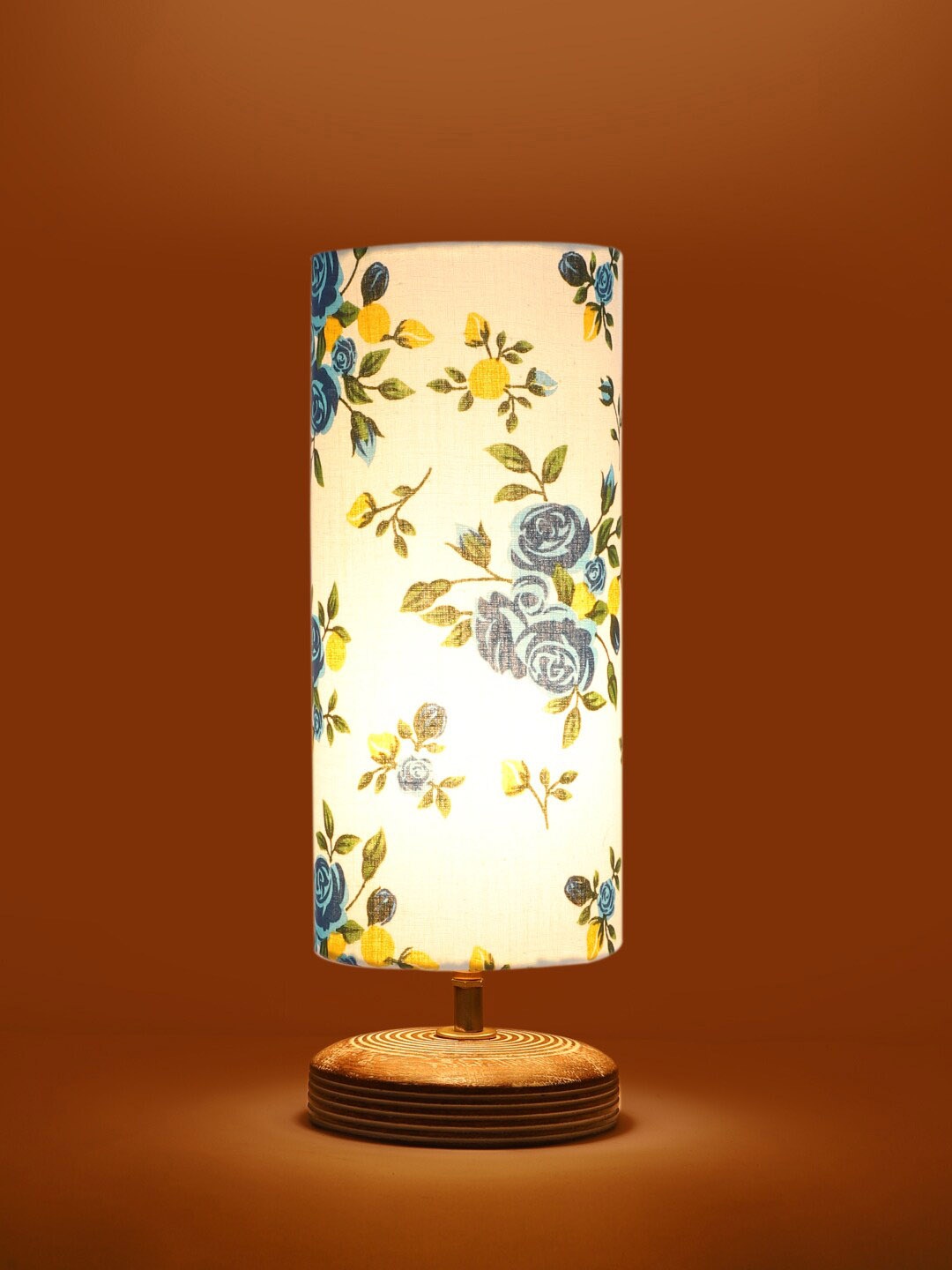 Devansh White & Blue Floral Cylinder Wooden Table Lamps