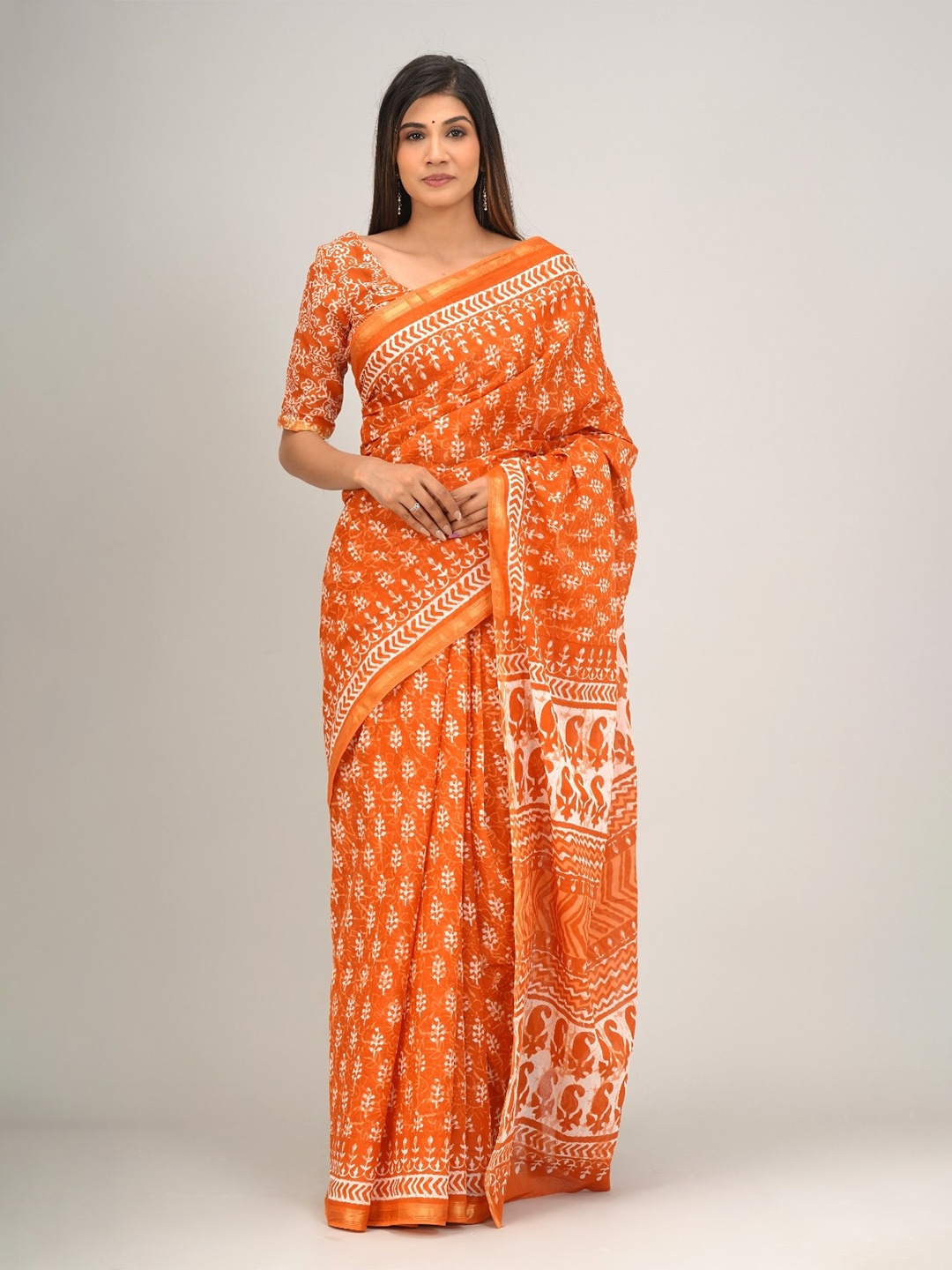 

TROPWEAR Ethnic Motifs Zari Pure Cotton Block Print Saree, Orange