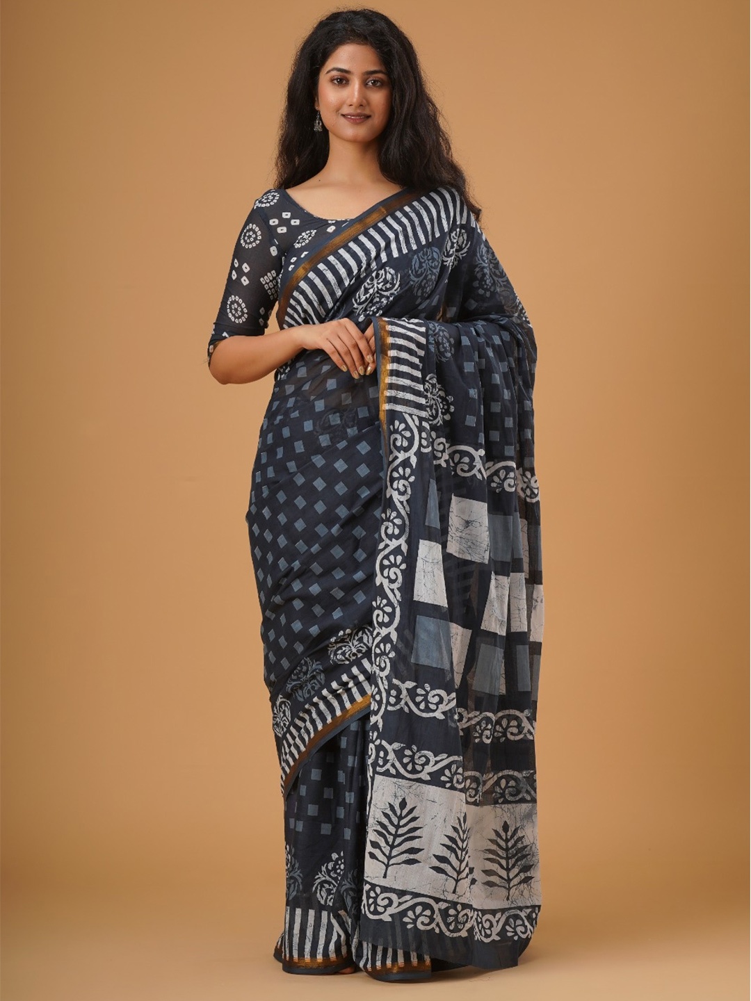 

clothonus Ethnic Motifs Printed Zari Pure Cotton Block Print Saree, Blue