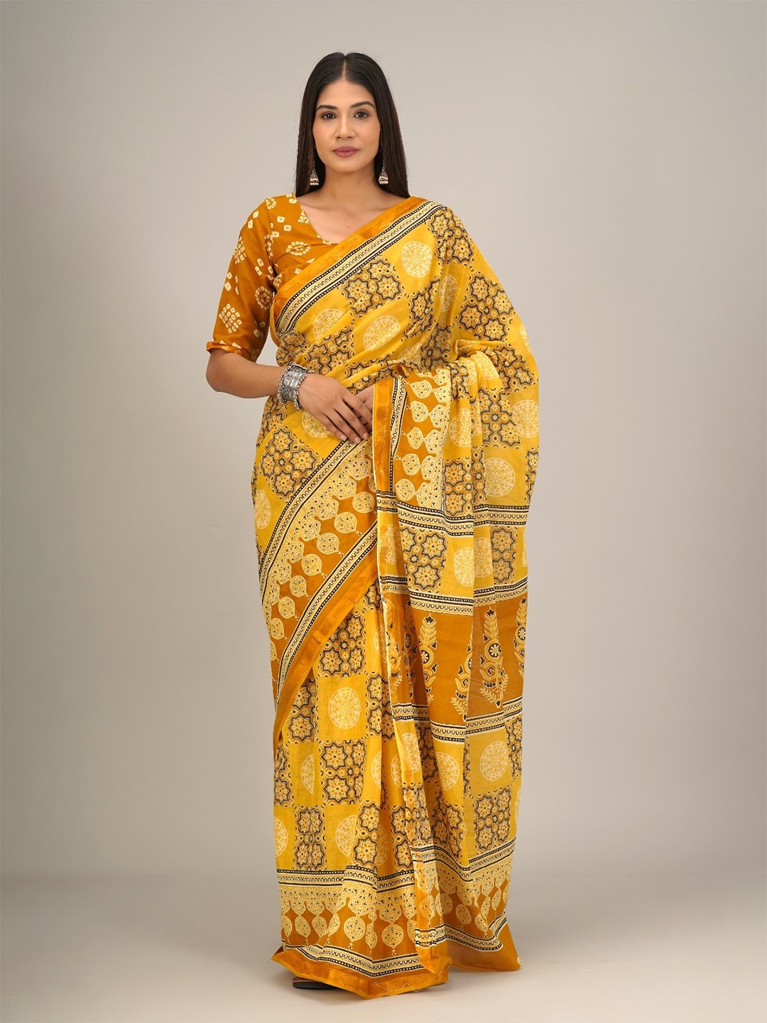 

clothonus Ethnic Motifs Printed Pure Cotton Block Print Saree, Yellow