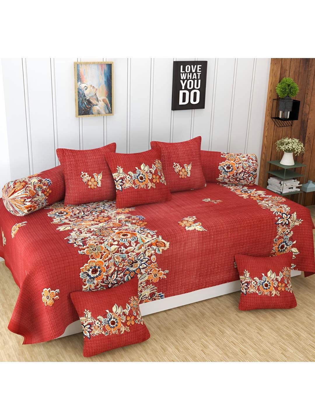 

Bajo's Red & Beige 8 Pieces Floral Printed Cotton Diwan Set