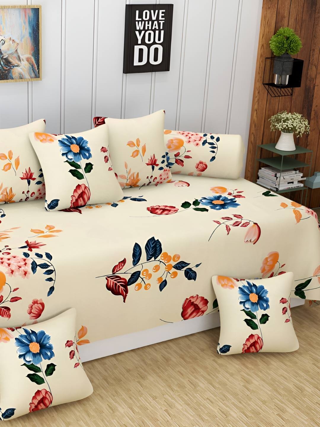 

Bajo's Cream-Colored & Blue 8 Pieces Floral Printed Cotton Diwan Set